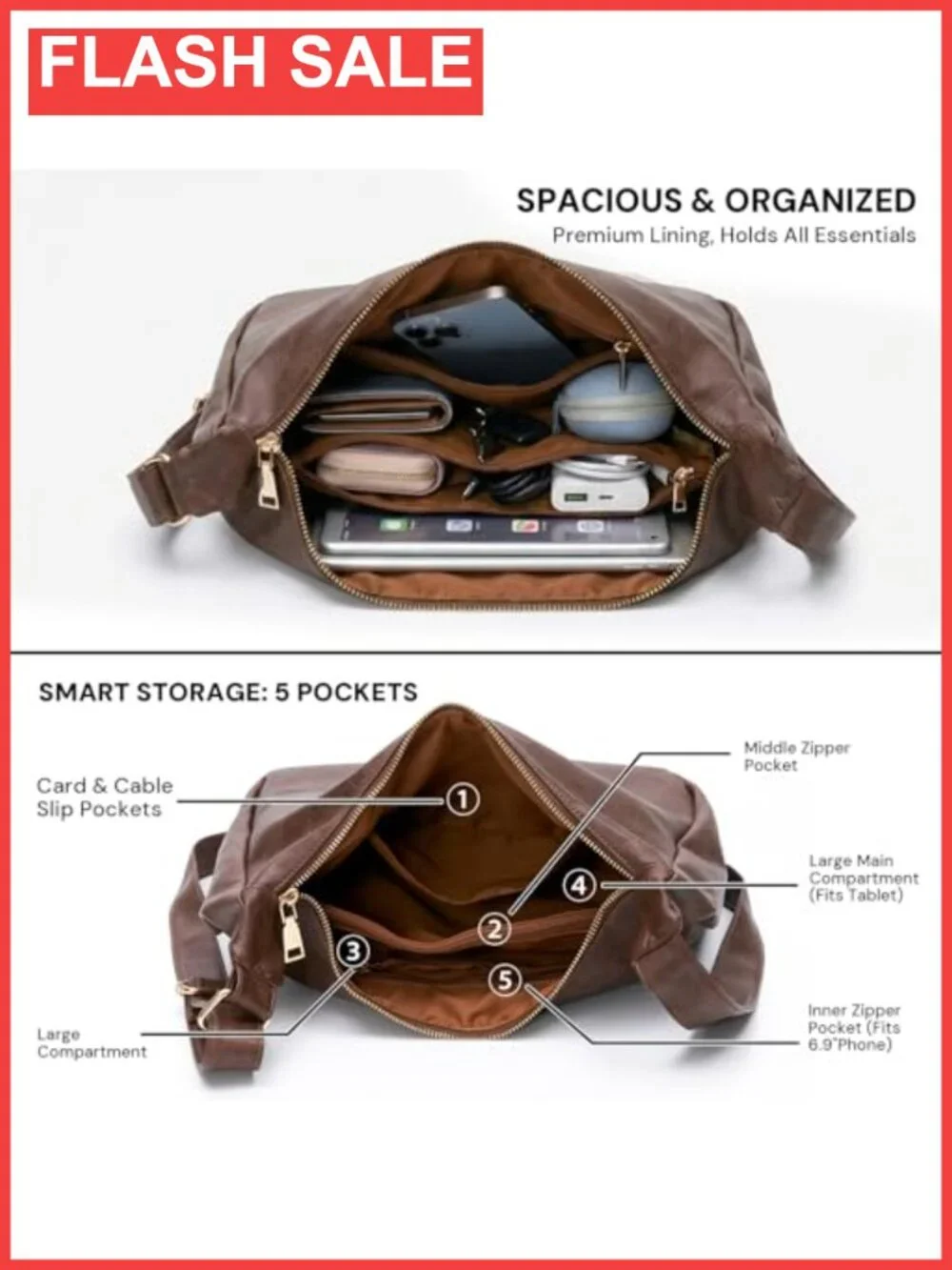 Soft Vegan PU Leather Hobo Shoulder Bag Everyday Purse